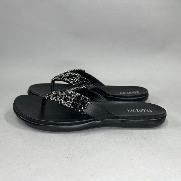 Kenneth Cole Glam-Athon Sandals Women's Size 9.5 Black Leather Beaded Flip Flops - Picture 4 of 8